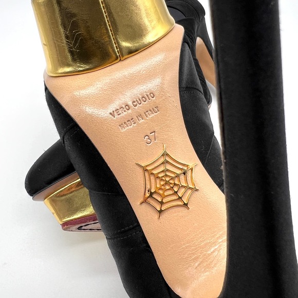 CHARLOTTE OLYMPIA Heels Womens 37 Black Gold Satin Pump Platform Ankle Strap - Picture 8 of 15